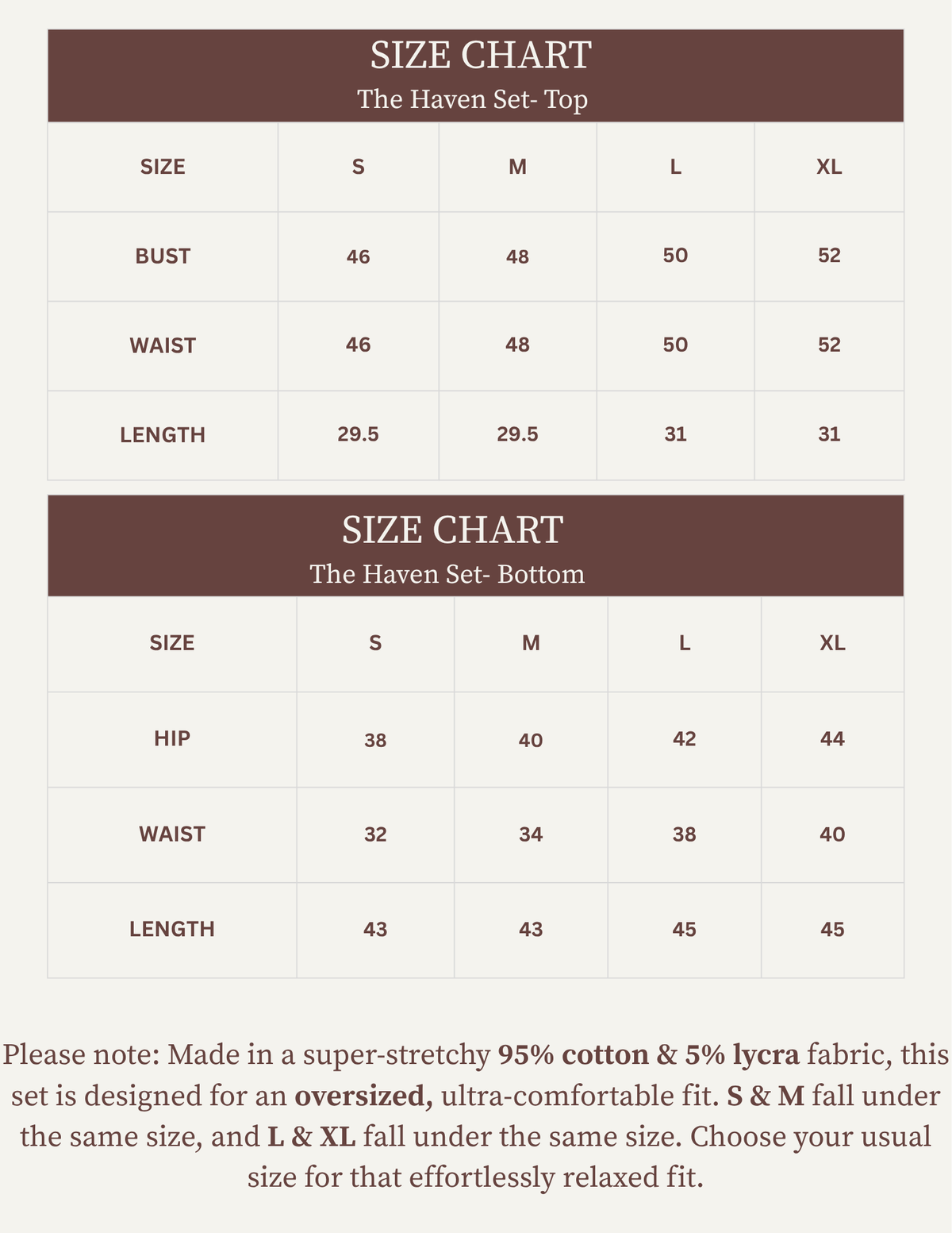 Haven Set size chart